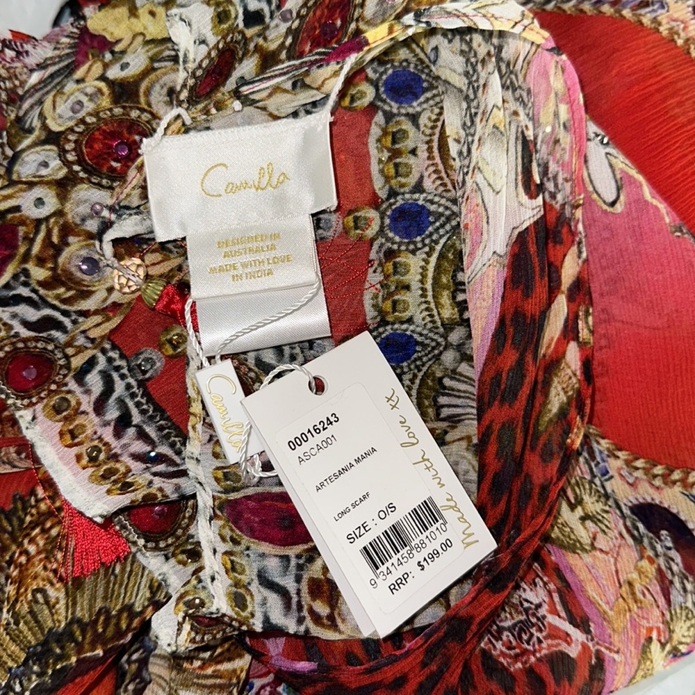 CAMILLA *Artesania Mania* bold red silk scarf belt top shawl headband wrap top - Picture 8 of 8